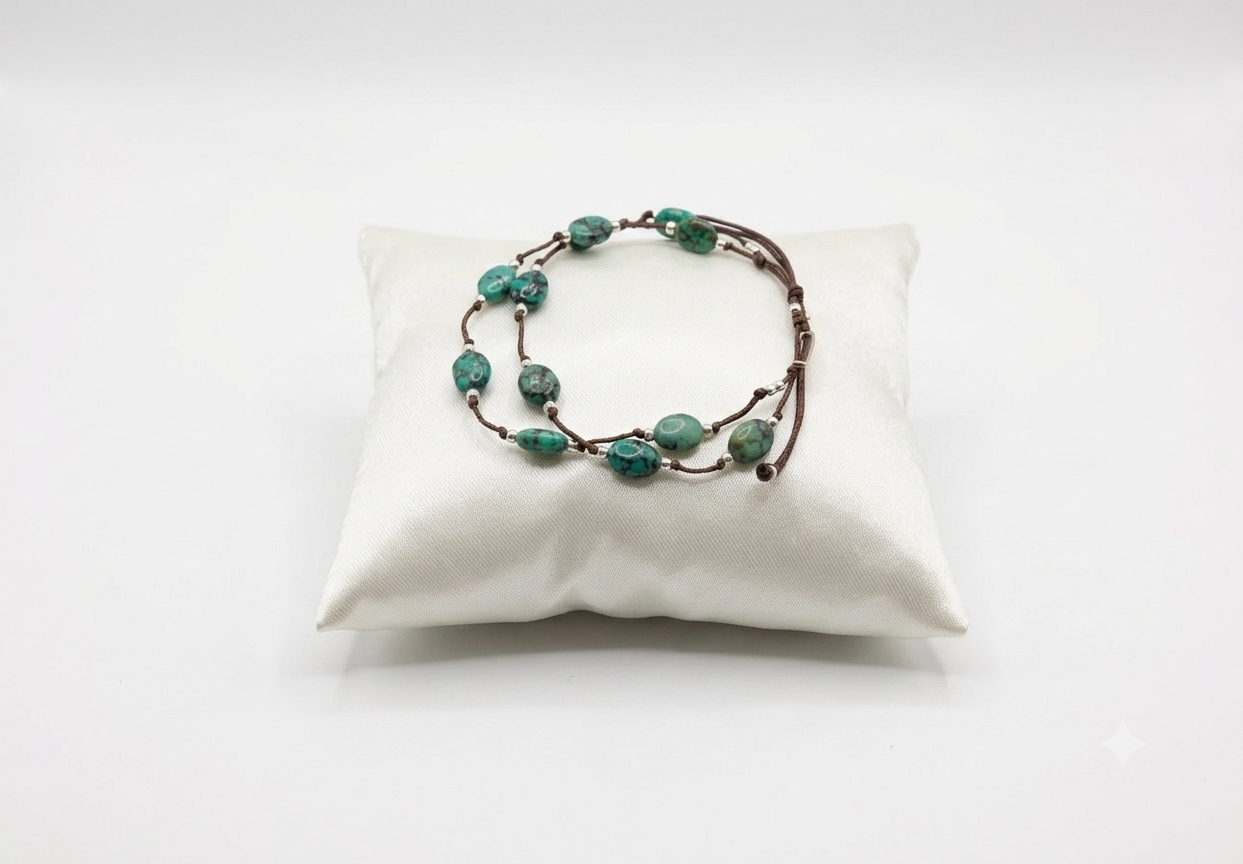 Bracciale in Crisocolla Naturale, Argento 925 e Filo di Cotone